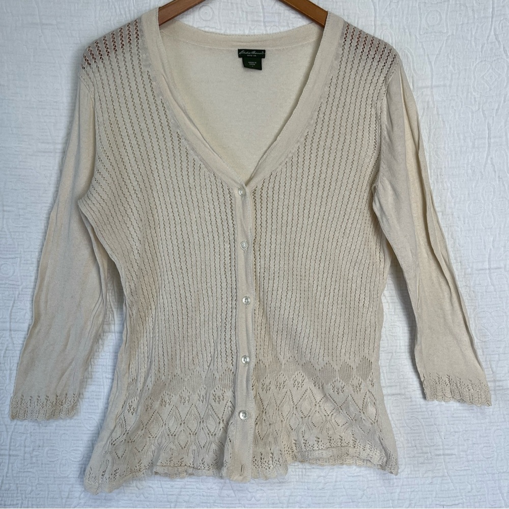 Eddie Bauer Cream Cardigan Women L Linen Cotton Mesh Stretch Coquette Crochet 13